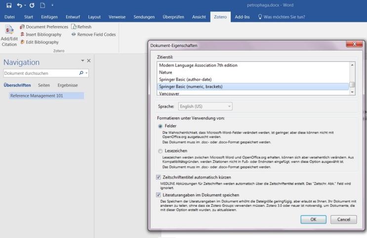 Zotero in Word: Dokument-Eigenschaften