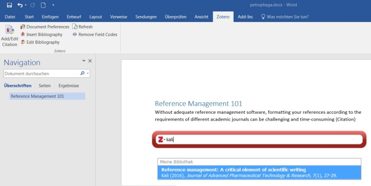 Zotero in Word: Publikation einbinden