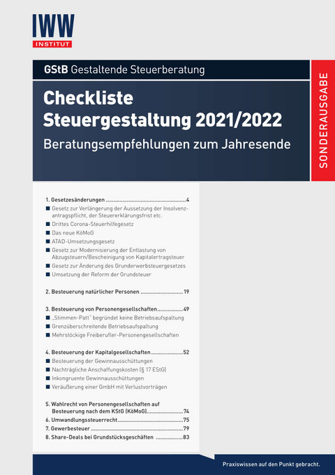 Checkliste Steuergestaltung 2021/2022 - RiFG Dipl.-Finw. Prof. Dr. Volker Kreft, Dr. Hansj&ouml;rg Pfl&uuml;ger