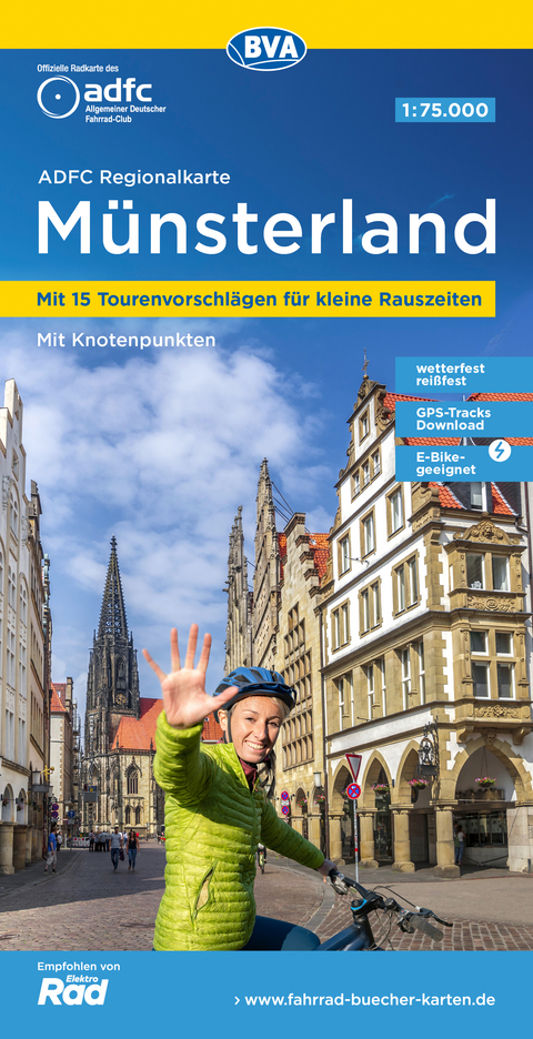 ADFC-Regionalkarte M&uuml;nsterland, 1:75.000, mit Tagestourenvorschl&auml;gen, rei&szlig;- und wetterfest, E-Bike-geeignet, mit Knotenpunkten, GPS-Tracks-Download