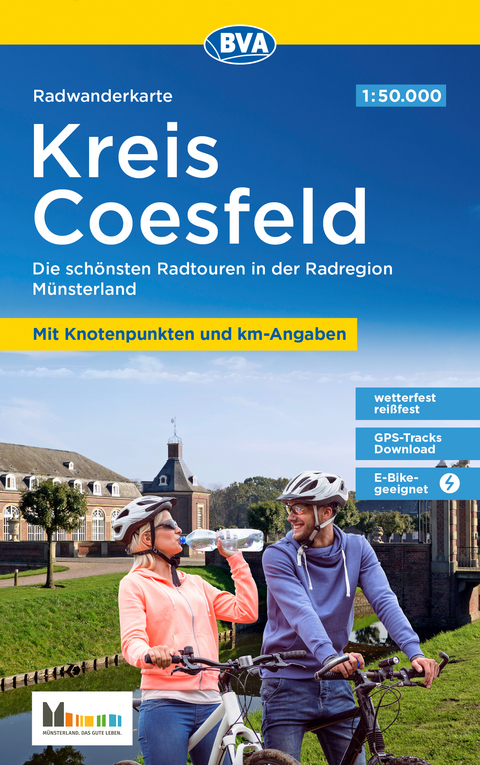 Radwanderkarte BVA Kreis Coesfeld mit Knotenpunkten und km-Angaben, 1:50.000, rei&szlig;- und wetterfest, GPS-Tracks Download, E-Bike geeignet