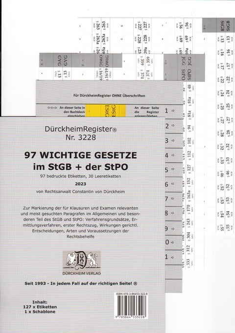 D&uuml;rckheimRegister&reg; StGB+StPO - 97 WICHTIGE &sect;&sect; im Strafrecht u. Strafprozessrecht OHNE - Constantin D&uuml;rckheim