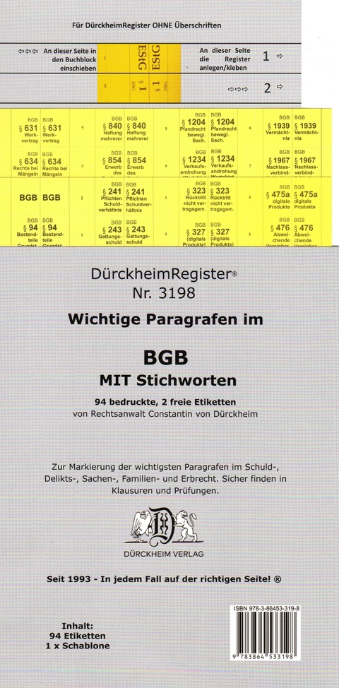 D&uuml;rckheimRegister&reg; BGB - WICHTIGE &sect;&sect; MIT STICHWORTEN Im B&uuml;rgerlichen Gesetzbuch - Constantin D&uuml;rckheim