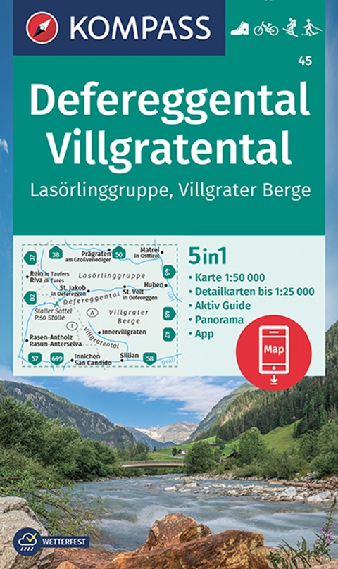 KOMPASS Wanderkarte 45 Defereggental, Villgratental, Las&ouml;rlinggruppe, Villgrater Berge 1:50.000