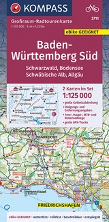 KOMPASS Gro&szlig;raum-Radtourenkarte 3711 Baden-W&uuml;rttemberg S&uuml;d, Schwarzwald, Bodensee, Schw&auml;bische Alb, Allg&auml;u 1:125.000