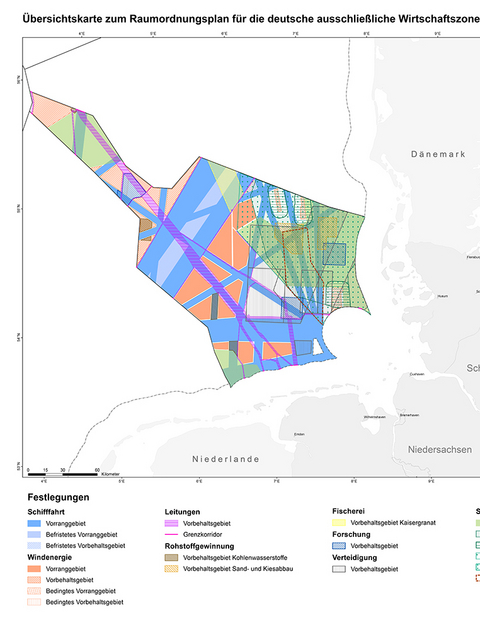 &Uuml;bersichtskarte zum Raumordnungsplan f&uuml;r die deutsche ausschlie&szlig;liche Wirtschaftszone in der Nordsee und in der Ostsee 2021 - 
