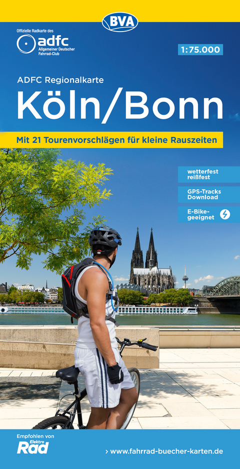 ADFC-Regionalkarte K&ouml;ln/Bonn, 1:75.000, mit Tagestourenvorschl&auml;gen, rei&szlig;- und wetterfest, E-Bike-geeignet, mit Knotenpunkten, GPS-Tracks-Download