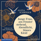 Junge Frau, am Fenster stehend, Abendlicht, blaues Kleid - Alena Schr&ouml;der