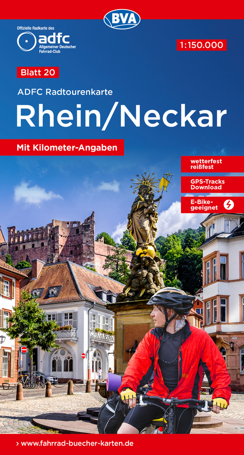 ADFC-Radtourenkarte 20 Rhein /Neckar 1:150.000, rei&szlig;- und wetterfest, E-Bike geeignet, GPS-Tracks Download, mit Bett+Bike Symbolen, mit Kilometer-Angaben