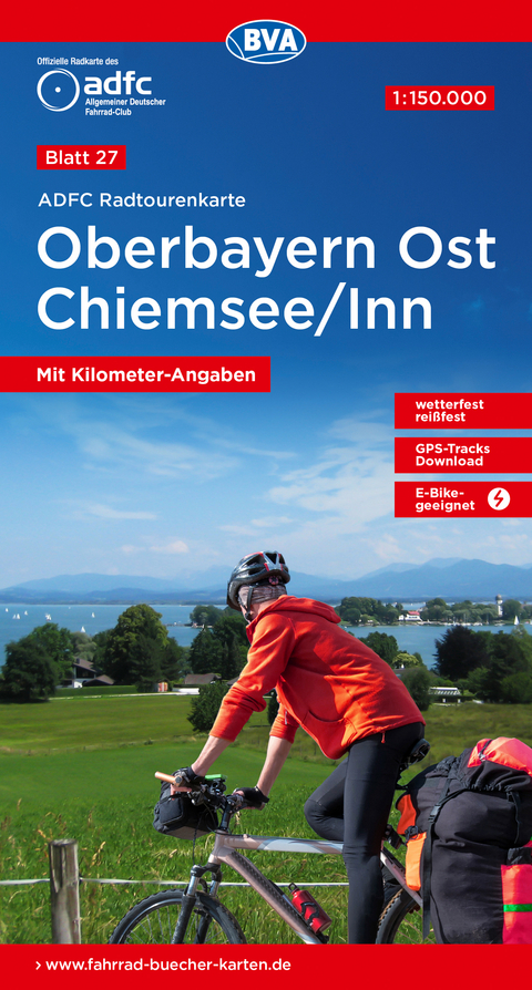 ADFC-Radtourenkarte 27 Oberbayern Ost Chiemsee/Inn 1:150.000, rei&szlig;- und wetterfest, E-Bike geeignet, GPS-Tracks Download, mit Bett+Bike Symbolen, mit Kilometer-Angaben