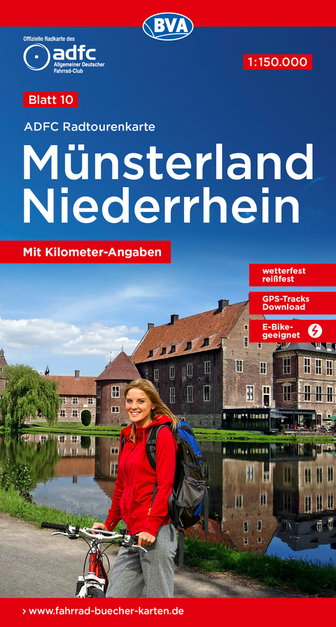 ADFC-Radtourenkarte 10 M&uuml;nsterland Niederrhein 1:150.000, rei&szlig;- und wetterfest, E-Bike geeignet, GPS-Tracks Download, mit Bett+Bike-Symbolen, mit Kilometer-Angaben