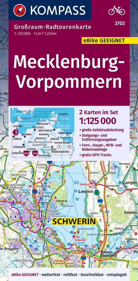 KOMPASS Gro&szlig;raum-Radtourenkarte 3702 Mecklenburg-Vorpommern, 1:125.000