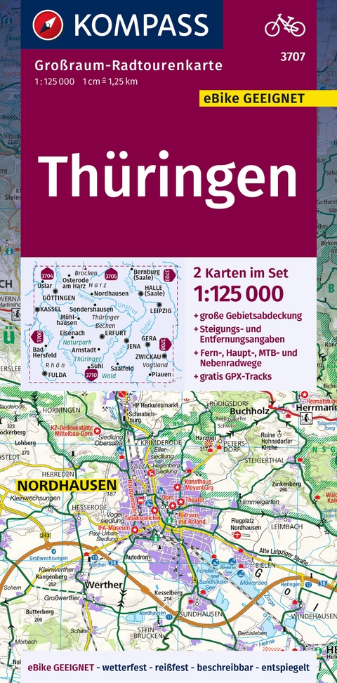 KOMPASS Gro&szlig;raum-Radtourenkarte 3707 Th&uuml;ringen, 1:125.000