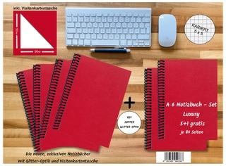 A 6 Notizbuch - Set, 4+2 gratis, Luxury 80 Seiten ROT JUPITER GLITTER-OPTIK, kariert 5x5mm