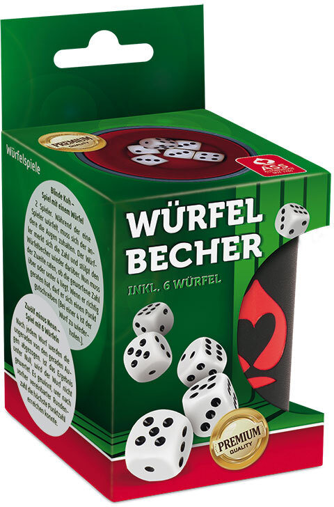 Premium W&uuml;rfelbecher + 6 W&uuml;rfel, Aufh.-FS, VE 6