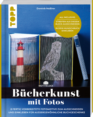 Motivblock - Bücherkunst mit Fotos. In Streifen geschnittene Fotos in ein Buch geklebt ergeben ein beeindruckendes Bild
