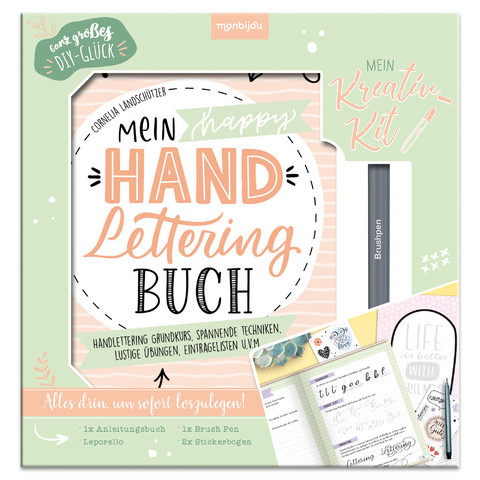 Mein Kreativ-Kit: Mein happy Handlettering Buch -Handlettering Grundkurs, spannende Techniken, lustige &Uuml;bungen, Eintraglisten u.v.m. - Landsch&uuml;tzer Cornelia