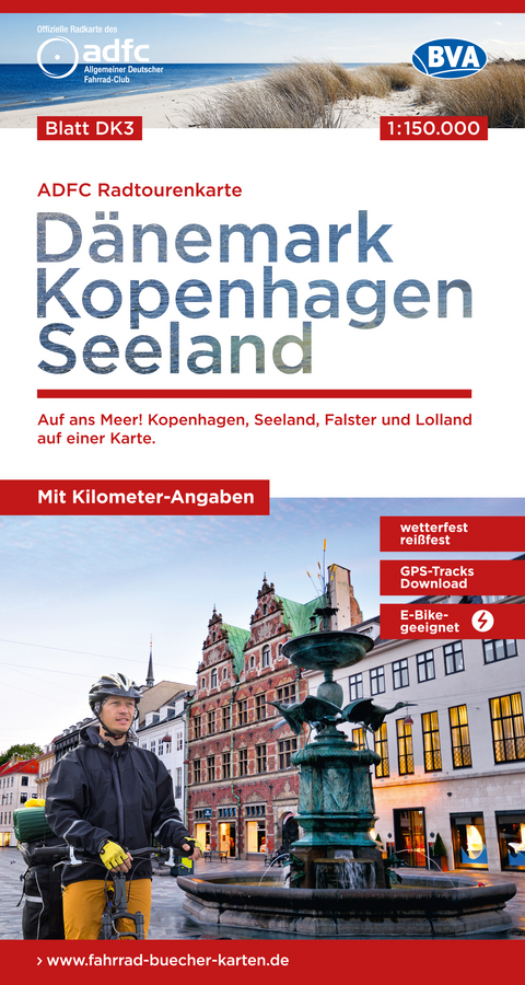 ADFC-Radtourenkarte DK3 D&auml;nemark/Kopenhagen/Seeland 1:150.000, rei&szlig;- und wetterfest, E-Bike geeignet, mit GPS-Tracks Download, mit Bett+Bike Symbolen, mit Kilometer-Angaben