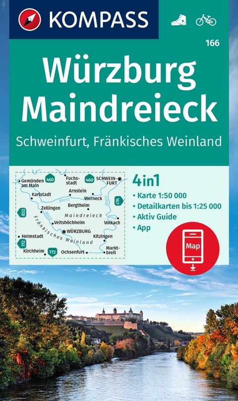 KOMPASS Wanderkarte 166 W&uuml;rzburg, Maindreieck, Schweinfurt, Fr&auml;nkisches Weinland 1:50.000