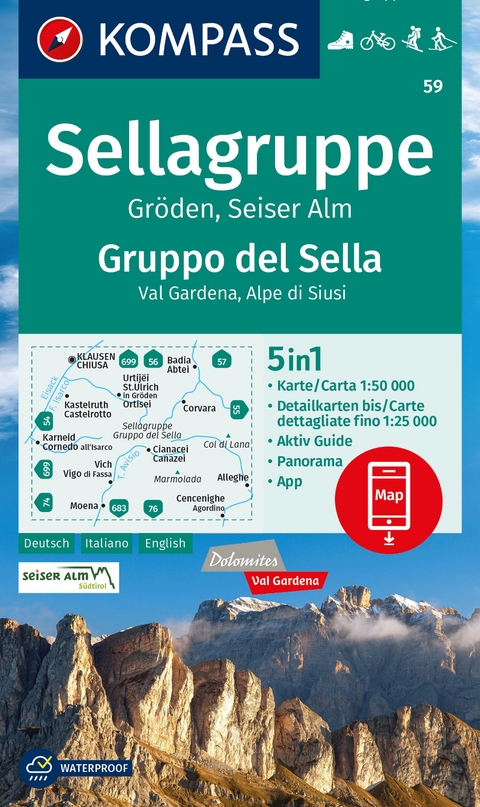 Gr&ouml;den, Seiseralm / Gruppo del Sella, Val Gardena, Alpe di Siusi 1:50.000