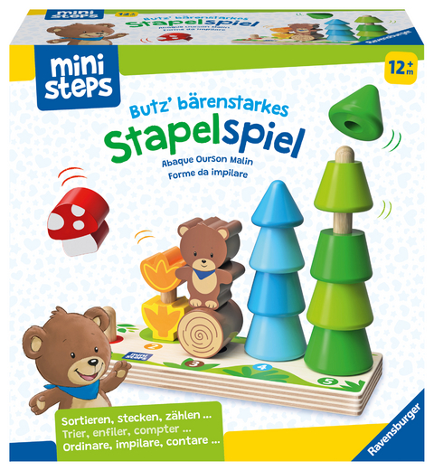 Ravensburger ministeps 4580 Butz' b&auml;renstarkes Stapelspiel, Stapelbrett aus Holz mit T&uuml;rmchen von 1-5 Teilen, Baby-Spielzeug ab 1 Jahr