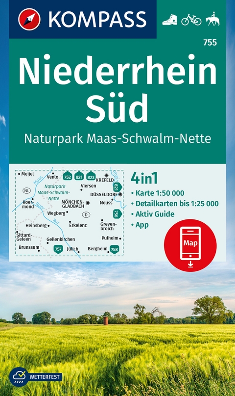 KOMPASS Wanderkarte 755 Niederrhein S&uuml;d, Naturpark Maas-Schwalm-Nette 1:50.000