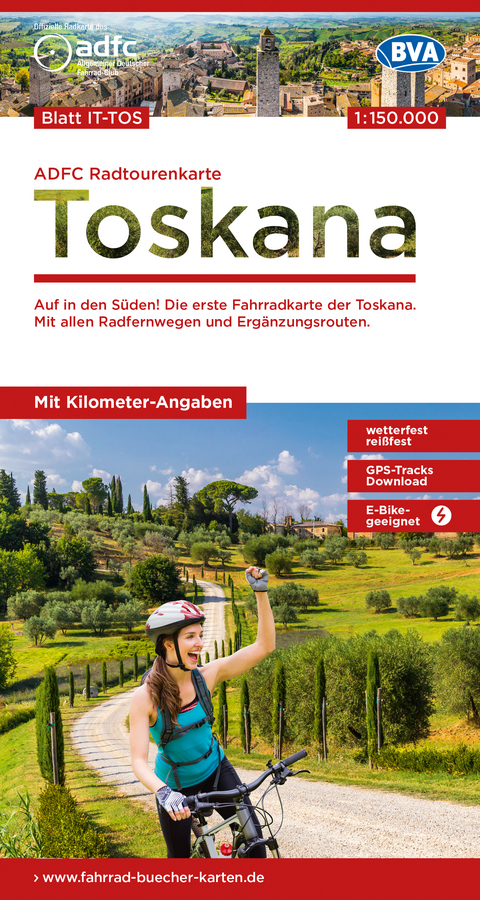 ADFC-Radtourenkarte IT-TOS Toskana 1:150.000, rei&szlig;- und wetterfest, E-Bike geeignet, GPS-Tracks Download, mit Bett+Bike Symbolen, mit Kilometer-Angaben