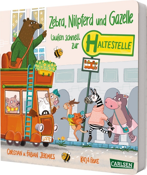Zebra, Nilpferd und Gazelle laufen schnell zur ... Haltestelle! - Katja Frixe