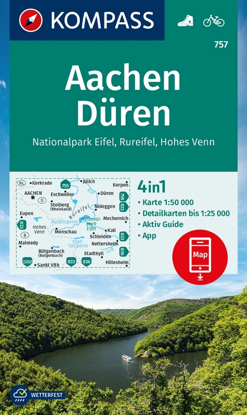 KOMPASS Wanderkarte 757 Aachen, D&uuml;ren, Nationalpark Eifel, Rureifel, Hohes Venn 1:50.000