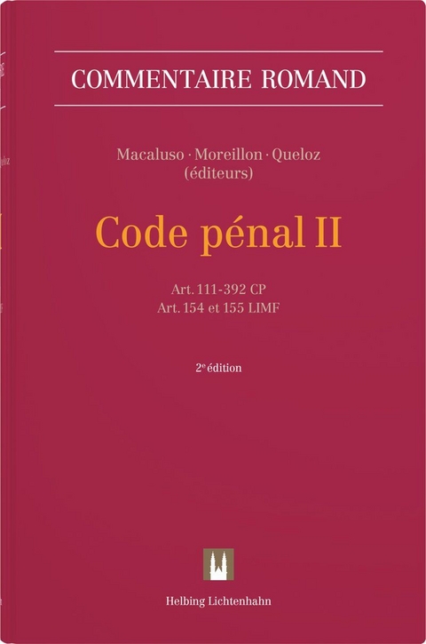 Code p&eacute;nal II (CP II) - Justine Arnal, Jos&eacute;phine Auberjonois, Jean-Luc Bacher, Tano Barth, Aude Bichovsky, Nicolas Bloque, Benjamin Borsodi, Nicolas Bottinelli, Ludivine Calderari, Alessandra Cambi Favre-Bulle, Ursula Cassani, Fran&ccedil;ois Chanson, Beno&icirc;t Chappuis, Viviane David, Pascal de Preux, Julien D&eacute;l&egrave;ze, Lyuska d'Espine-Hulliger, Marie Dolivo-Bonvin, Jo&euml;lle Druey, Herv&eacute; Dutoit, Alexandre Dyens, Christian Favre, Philipp Fischer, Aur&eacute;lie Gandoy, Andrew M. Garbarski, S&eacute;vane Garibian, Thierry Godel, Roman D. Graf, St&eacute;phane Grodecki, Alexandre Guisan, Olivier Hari, Marc Henzelin, Johanna Hirsch-Sadik, Deborah Hondius, Jos&eacute; Hurtado Pozo, Federico Illanez, Quentin Jacquemin, Rapha&euml;l Jakob, Yvan Jeanneret, Antoine Kabore, Daniel Kinzer, Veronica Klinke, Ludivine Livet, Kastriot Lubishtani, Maria Ludwiczak Glassey, Alain Macaluso, Hikmat Maleh, Miriam Mazou, Sylvain M&eacute;tille, Patricia Meylan, Gilles Monnier, Laurent Moreillon, Marine Neukomm, Alexandre Papaux, Lo&iuml;c Parein, Aude Parein-Reymond, Fran&ccedil;ois Paych&egrave;re, Andr&eacute;s Payer, Verena Pedrazzini Rizzi, Marc Pellet, Camille Perrier Depeursinge, Bertrand Perrin, Clara Poglia, Isabelle Poncet, Mario Postizzi, Nicolas Queloz, David Raedler, C&eacute;dric Remund, Marc R&eacute;my, Alexandre Richa, Laurent Rieben, Virginie Rodigari, Jean-Paul Ros, Jonathan Rutschmann, Edy Salmina, Bertrand Sauterel, Damien Scalia, Anne-Claude Scheidegger, Alexandra Stampfli Haenni, Aur&eacute;lien Stettler, Patrick Stoudmann, Olivier Thormann, Ludovic Tirelli, Jean-Marc Verniory, Katia Villard, Baptiste Viredaz, Mathilde von Wurstemberger, Jo&euml;lle Vuille, St&eacute;phane Werly, Aim&eacute;e Zermatten