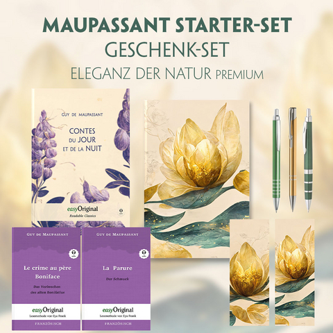 Guy de Maupassant Starter-Paket Geschenkset 3 B&uuml;cher (mit Audio-Online) + Marmortr&auml;ume Schreibset Basics - Guy de Maupassant
