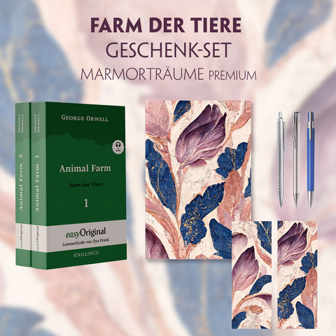 Farm der Tiere Geschenkset - 2 Teile (Buch + Audio-Online) + Marmortr&auml;ume Schreibset Premium - George Orwell