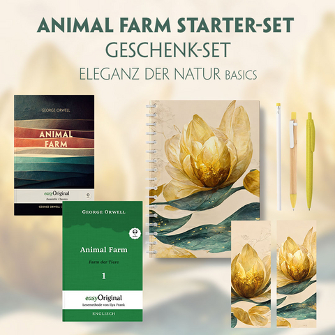 Animal Farm Starter-Paket Geschenkset 2 B&uuml;cher (mit Audio-Online) + Eleganz der Natur Schreibset Basics - George Orwell