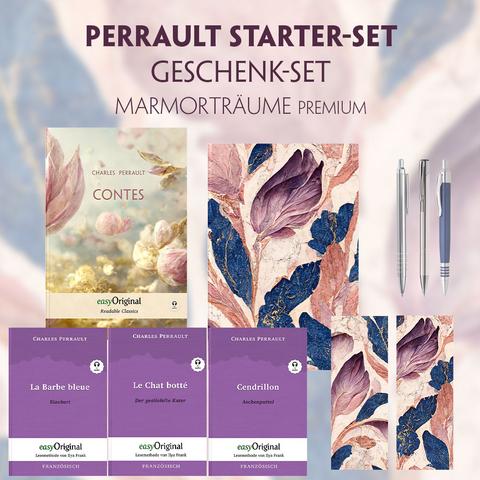 Charles Perrault Starter-Paket Geschenkset - 4 B&uuml;cher (mit Audio-Online) + Marmortr&auml;ume Schreibset Premium - Charles Perrault