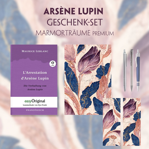 Die Verhaftung von d&rsquo;Ars&egrave;ne Lupin - Geschenkset (Buch + Audio-Online) + Marmortr&auml;ume Schreibset Premium - Maurice Leblanc