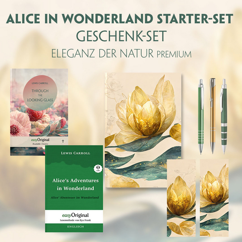 Alice im Wunderland Starter-Paket Geschenkset - 2 B&uuml;cher (mit Audio-Online) + Eleganz der Natur Schreibset Premium - Lewis Carroll