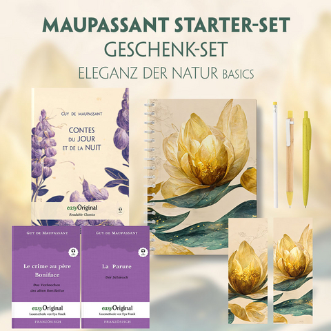 Guy de Maupassant Starter-Paket Geschenkset 3 B&uuml;cher (mit Audio-Online) + Eleganz der Natur Schreibset Basics - Guy de Maupassant