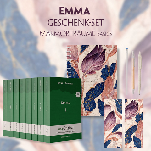 Emma Geschenkset - 8 B&uuml;cher (Softcover + Audio-Online) + Marmortr&auml;ume Schreibset Basics - Jane Austen