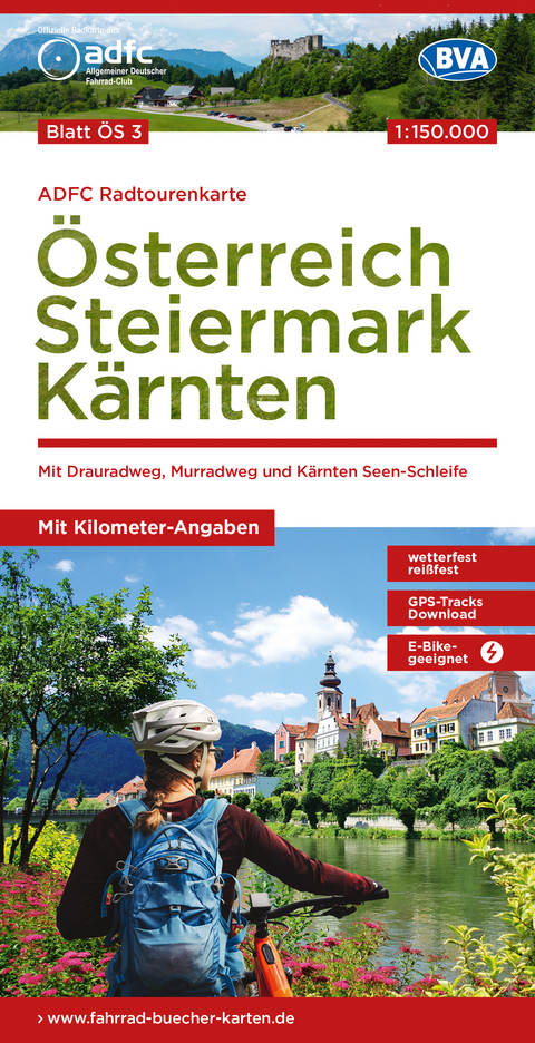 ADFC-Radtourenkarte &Ouml;S3 &Ouml;sterreich Steiermark K&auml;rnten 1:150:000, rei&szlig;- und wetterfest, E-Bike geeignet, GPS-Tracks Download, mit Bett+Bike Symbolen, mit Kilometer-Angaben