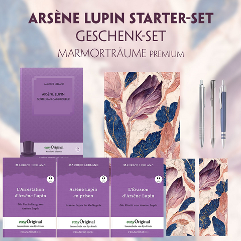 Ars&egrave;ne Lupin Starter-Paket Geschenkset - 4 B&uuml;cher (mit Audio-Online) + Marmortr&auml;ume Schreibset Premium - Maurice Leblanc