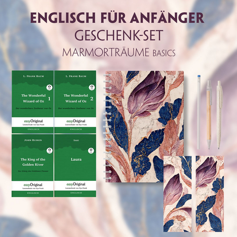 Englisch f&uuml;r Anf&auml;nger Geschenkset - 4 B&uuml;cher (mit Audio-Online) + Marmortr&auml;ume Schreibset Basics - L. Frank Baum, John Ruskin, Hector Hugh Munro (Saki)