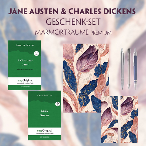Jane Austen & Charles Dickens Geschenkset - 2 B&uuml;cher (Hardcover+ Audio-Online) + Marmortr&auml;ume Schreibset Premium - Jane Austen, Charles Dickens