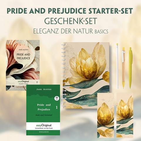 Pride and Prejudice Starter-Paket Geschenkset 2 B&uuml;cher (mit Audio-Online) + Eleganz der Natur Schreibset Basics - Jane Austen