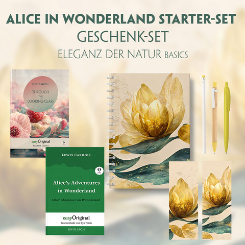 Alice im Wunderland Starter-Paket Geschenkset - 2 B&uuml;cher (mit Audio-Online) + Eleganz der Natur Schreibset Basics - Lewis Carroll
