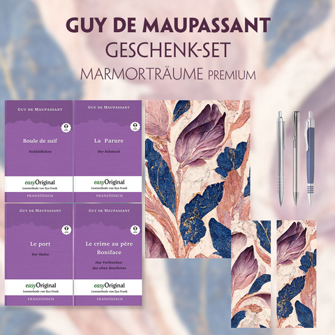 Guy de Maupassant Geschenkset - 4 B&uuml;cher (mit Audio-Online) + Marmortr&auml;ume Schreibset Premium - Guy de Maupassant
