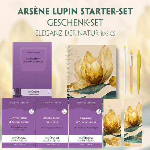 Ars&egrave;ne Lupin Starter-Paket Geschenkset - 4 B&uuml;cher (mit Audio-Online) + Eleganz der Natur Schreibset Basics - Maurice Leblanc