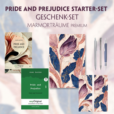 Pride and Prejudice Starter-Paket Geschenkset 2 B&uuml;cher (mit Audio-Online) + Marmortr&auml;ume Schreibset Premium - Jane Austen