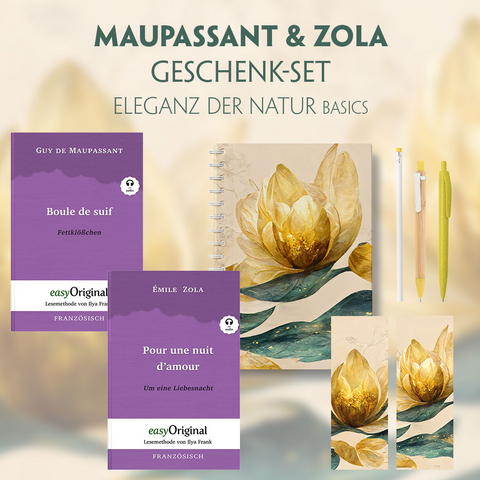 Guy de Maupassant & &Eacute;mile Zola Geschenkset - 2 B&uuml;cher (mit Audio-Online) + Eleganz der Natur Schreibset Basics - Guy de Maupassant, &Eacute;mile Zola