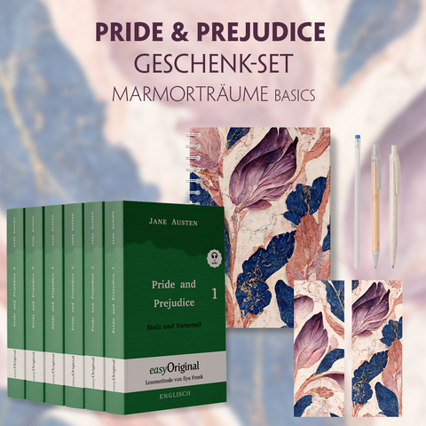 Stolz und Vorurteil Geschenkset - 6 B&uuml;cher (Hardcover + Audio-Online) + Marmortr&auml;ume Schreibset Basics - Jane Austen