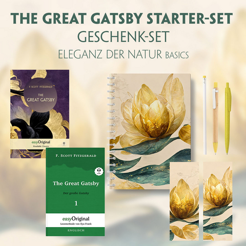 The Great Gatsby Starter-Paket Geschenkset 2 B&uuml;cher (mit Audio-Online) + Eleganz der Natur Schreibset Basics - F. Scott Fitzgerald